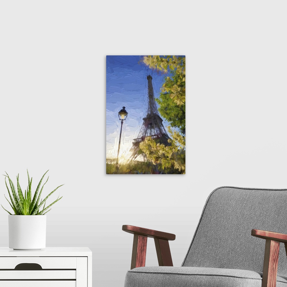 A modern room featuring Eiffel tower in an artwork style in Paris, France.