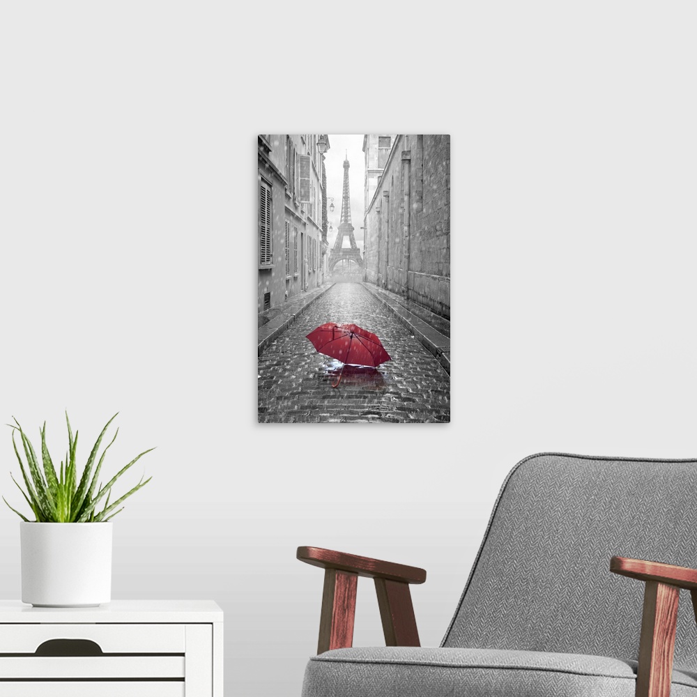 A modern room featuring Eiffel tower view from the street of pairs. Black and white photo with red element.