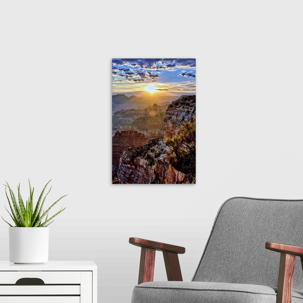 A modern room featuring Grand Canyon at sunrise in September.