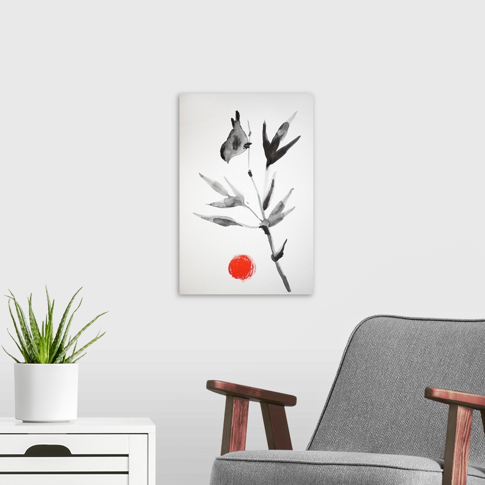 A modern room featuring Japanese painting with branch, birds, and sun on white background.