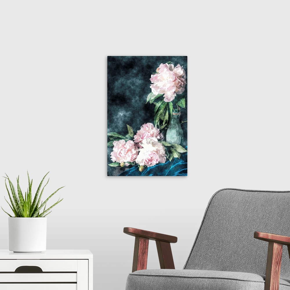 A modern room featuring Originally painted light pink blooming flowers near vase on black.