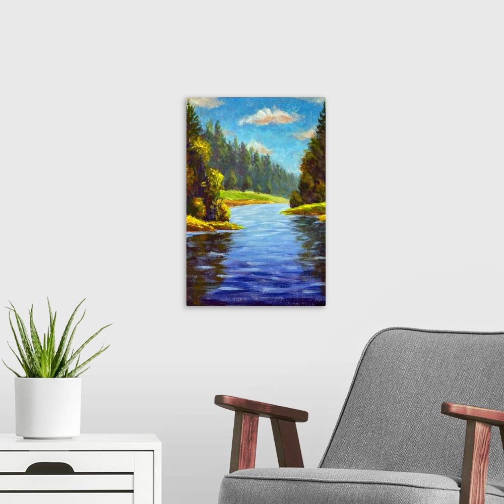 A modern room featuring Forest landscape with river. Originally oil on canvas.