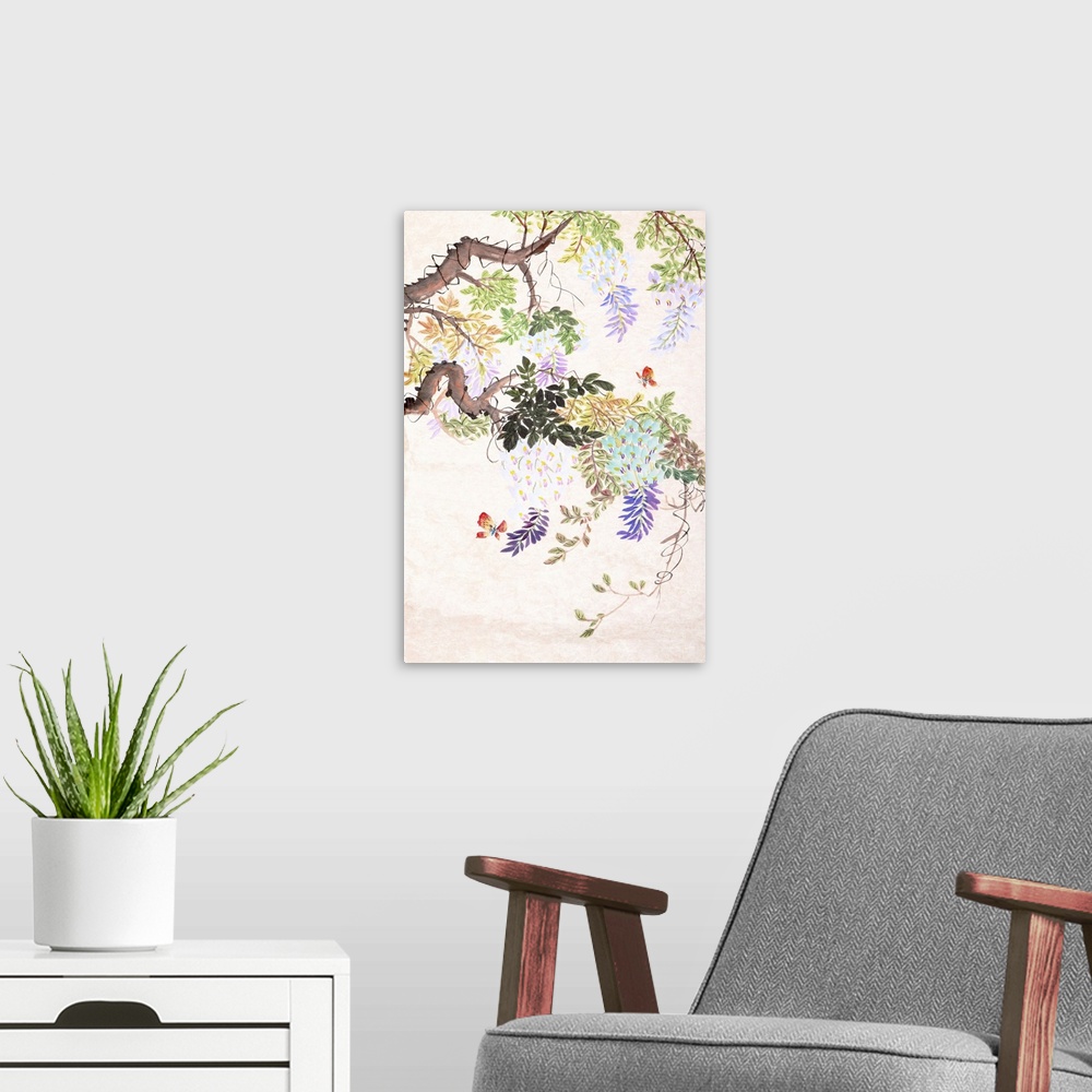 A modern room featuring Traditional Chinese painting of flowers and a butterfly.