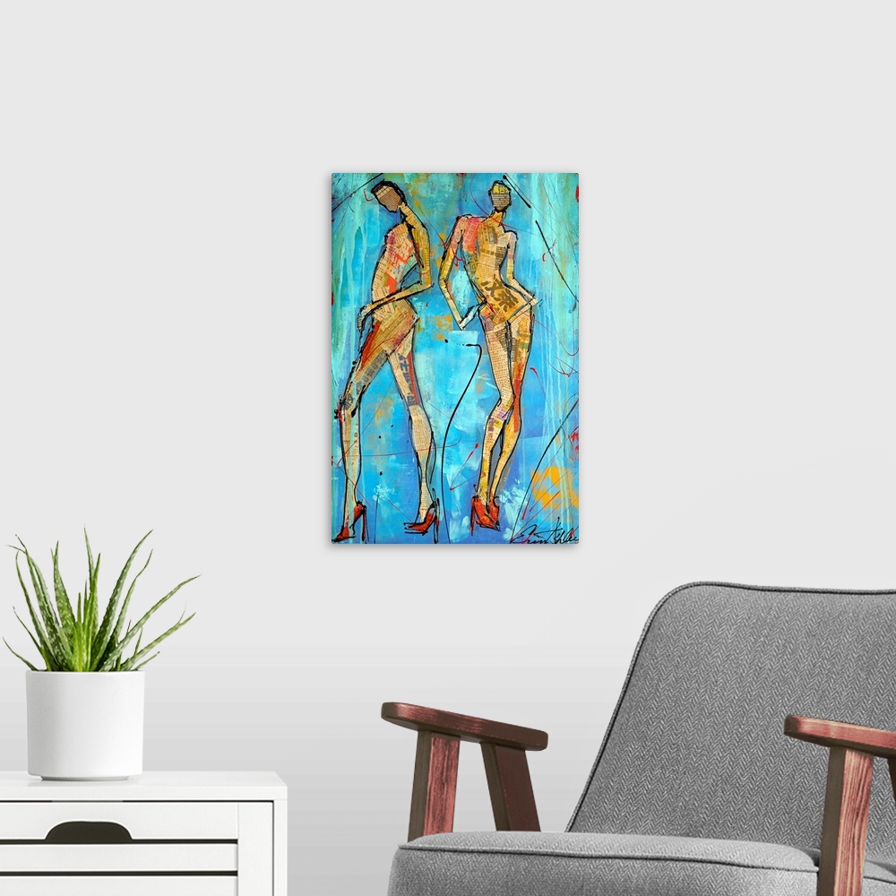 A modern room featuring This vertical mixed media painting is an abstract two elongated female figures filled with newspr...