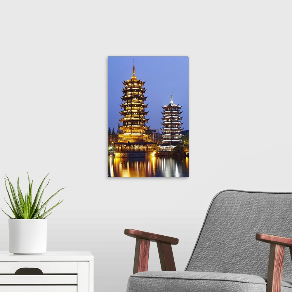 A modern room featuring China, Guangxi, Guilin, Sun and Moon Pagodas on Shan Lake.
