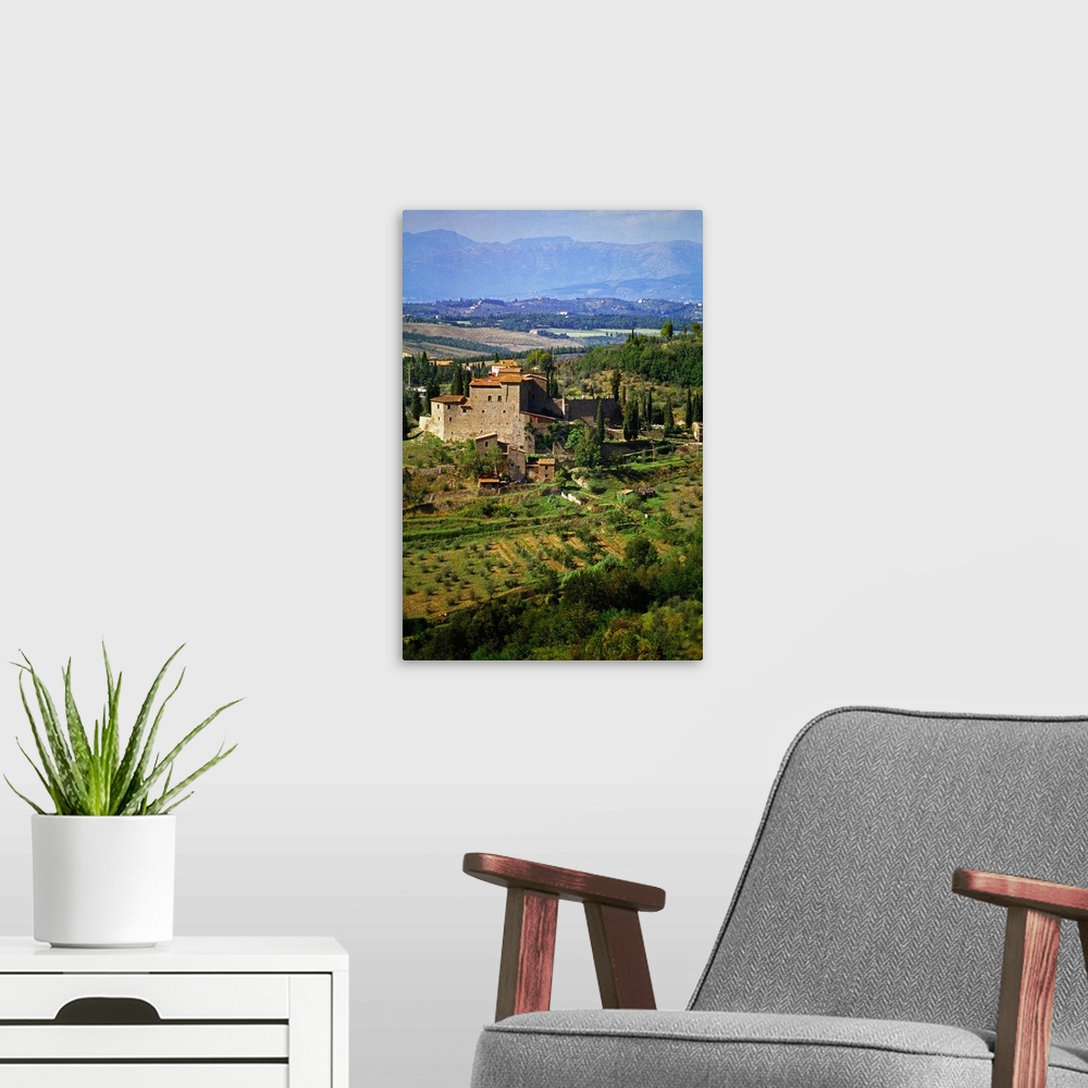 A modern room featuring Italy, Tuscany, Chianti, Greve in Chianti, View of Sezzate castle