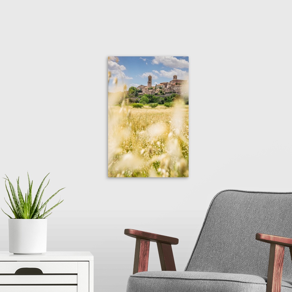 A modern room featuring Italy, Umbria, Spello, View of the town from via Francesco Mauri.