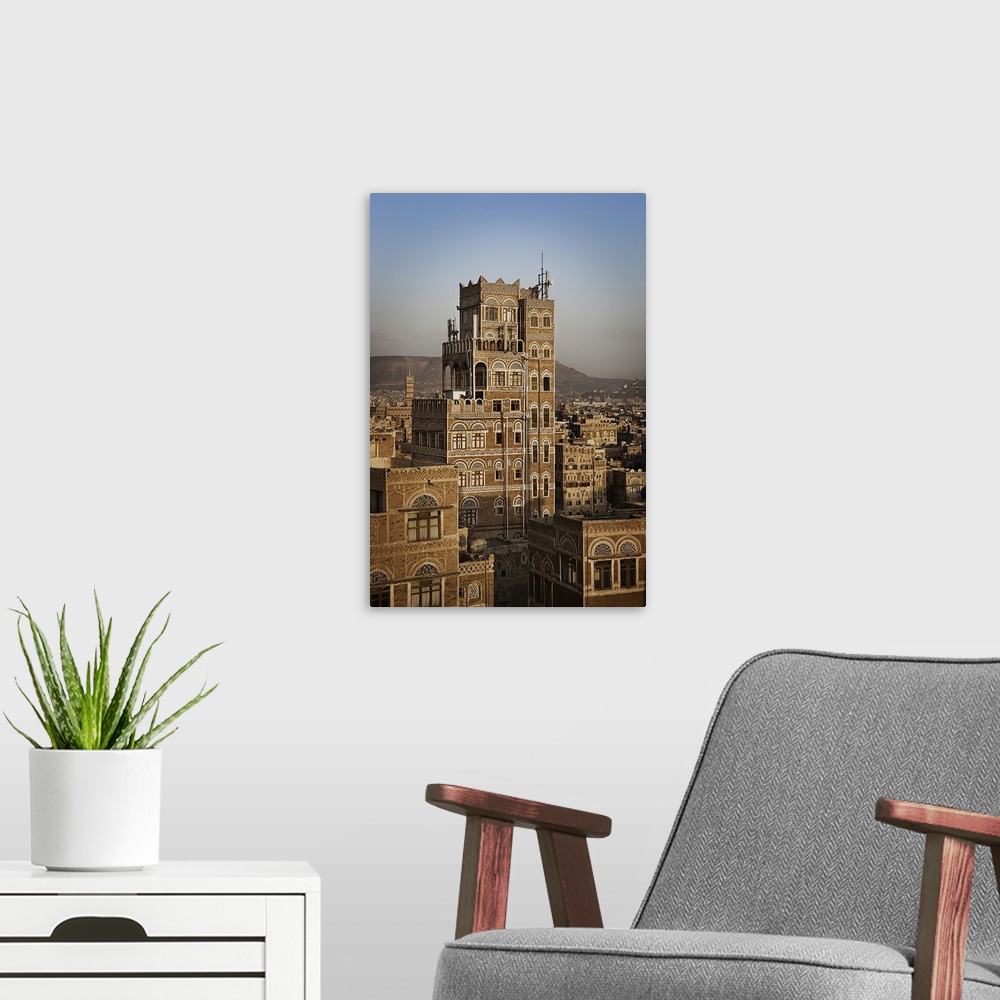 A modern room featuring Yemen, North Yemen, Sanaa, Tower House, typical Yemeni architecture
