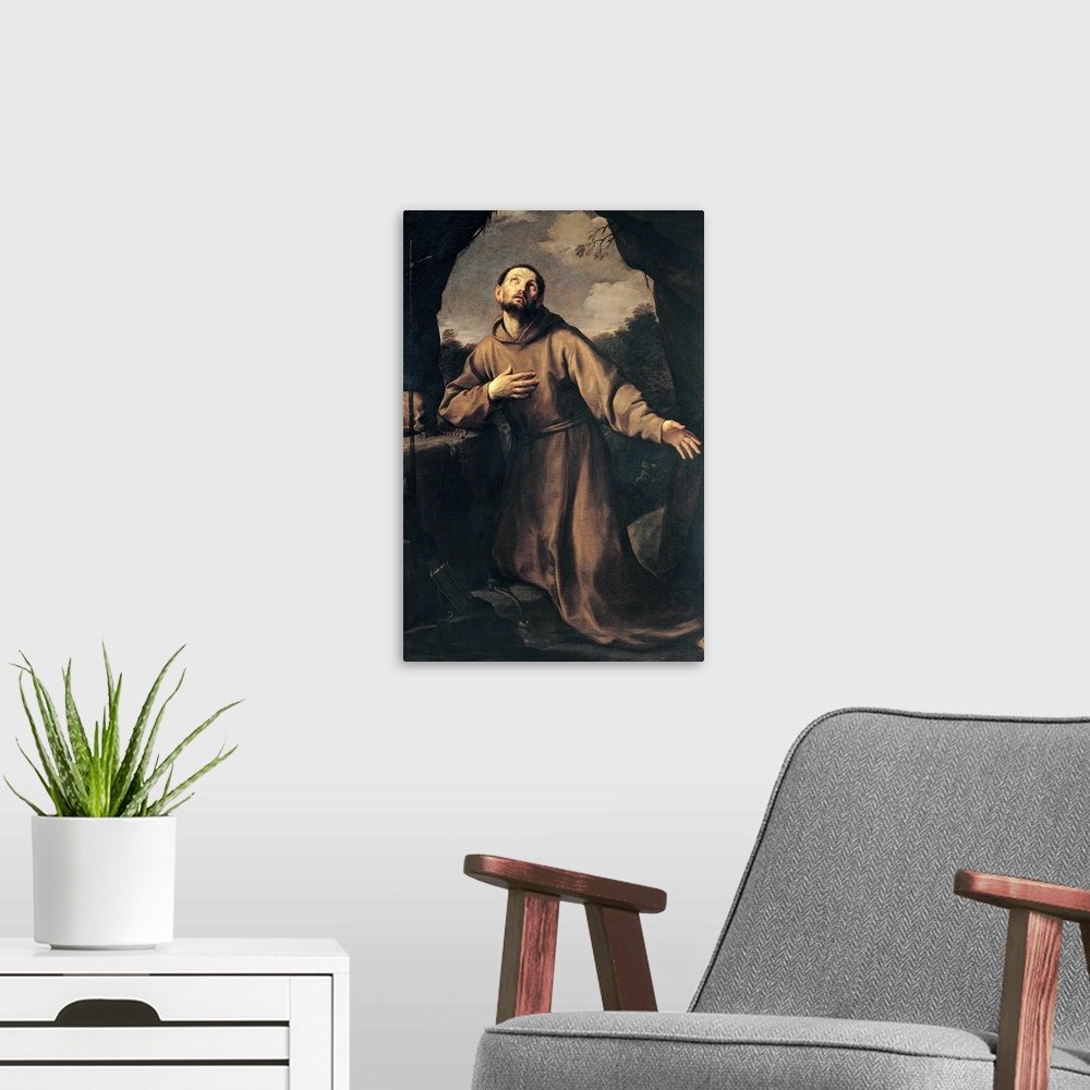 A modern room featuring Reni Guido, St Francis in Ecstasy, 1621, 17th Century, oil on canvas, Italy, Campania, Naples, Gi...