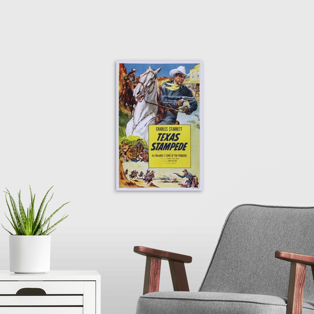 A modern room featuring Texas Stampede - Vintage Movie Poster, 1939