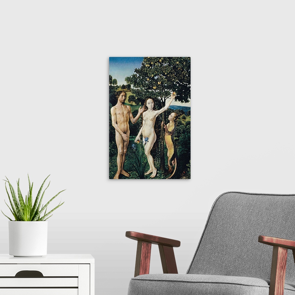 A modern room featuring The Fall of Man and the Lamentation