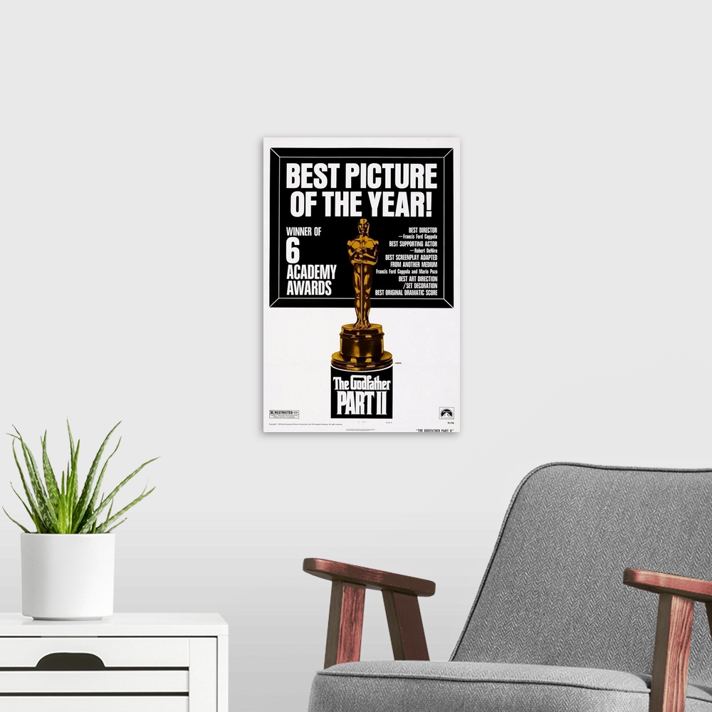 A modern room featuring THE GODFATHER: PART II, US poster art, 1974.