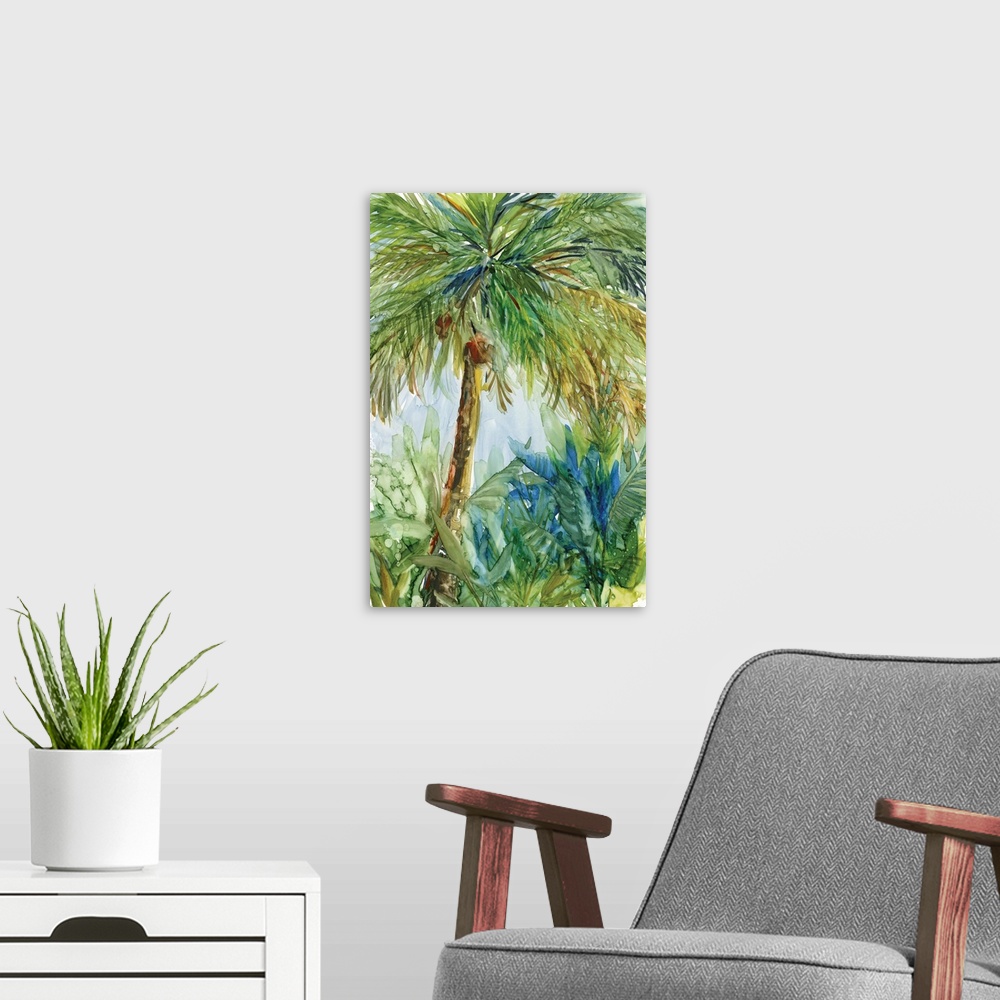 A modern room featuring Watercolor painting of a tropical palm tree landscape in shades of green, blue, yellow, and brown.
