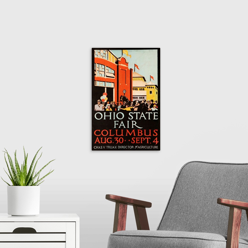 A modern room featuring 1926 Ohio State Fair Advertising Poster, crowds of fairgoers and exhibitors in front exhibit Halls.