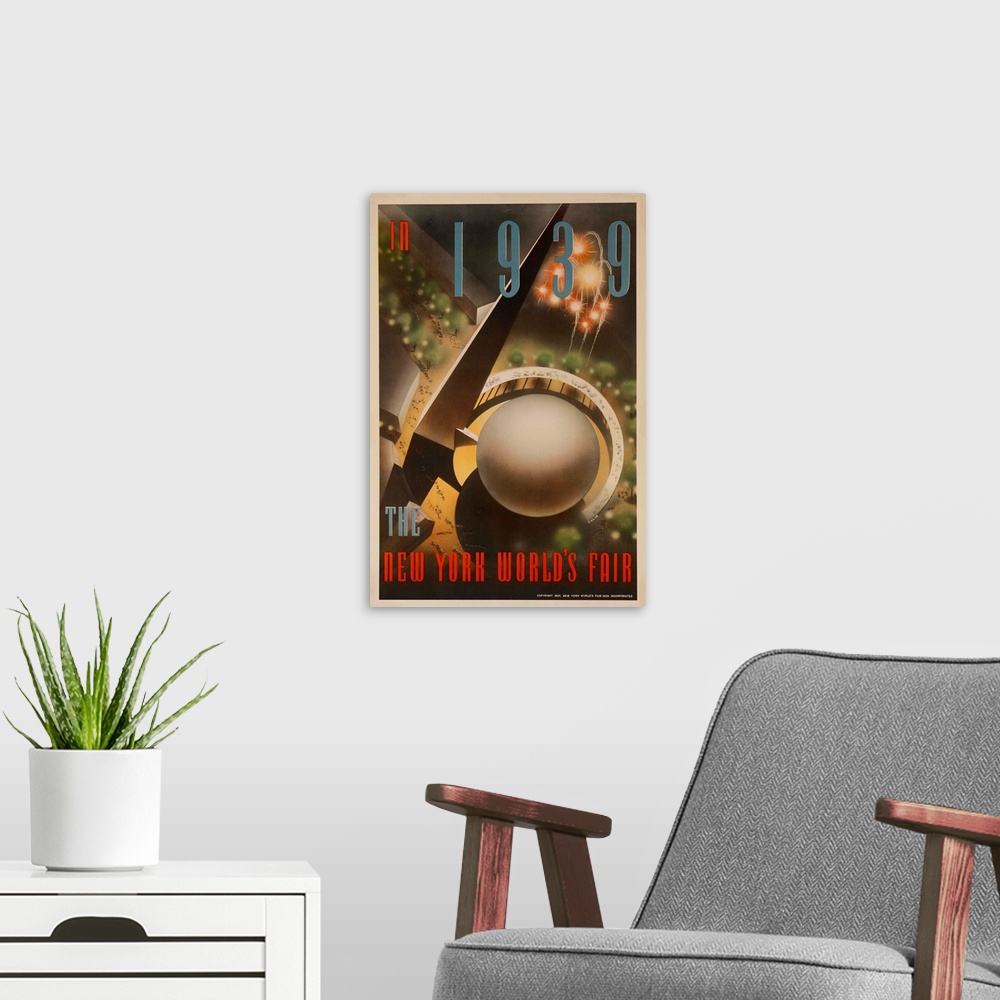 A modern room featuring 1939 New York World's Fair poster showing aerial view of Trylon and Perisphere with fireworks.