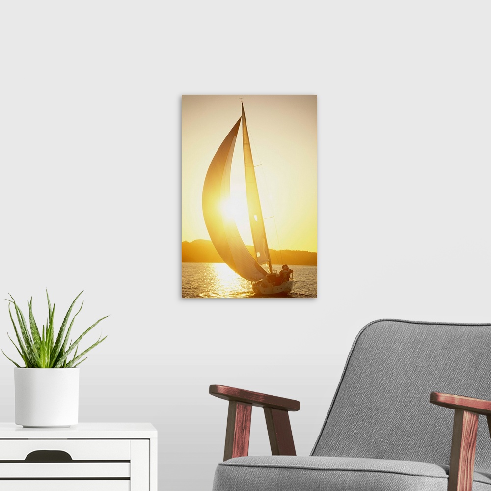 A modern room featuring A sailing-boat at sunset Baltic sea.