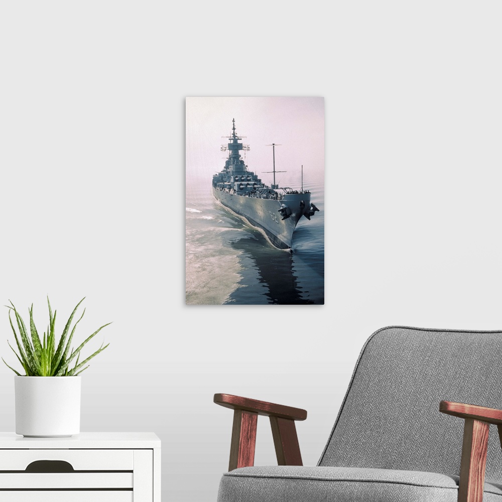 A modern room featuring Sea trials completed, the battleship U.S.S. New Jersey (BB-62) steams into Delaware Bay. New Jers...