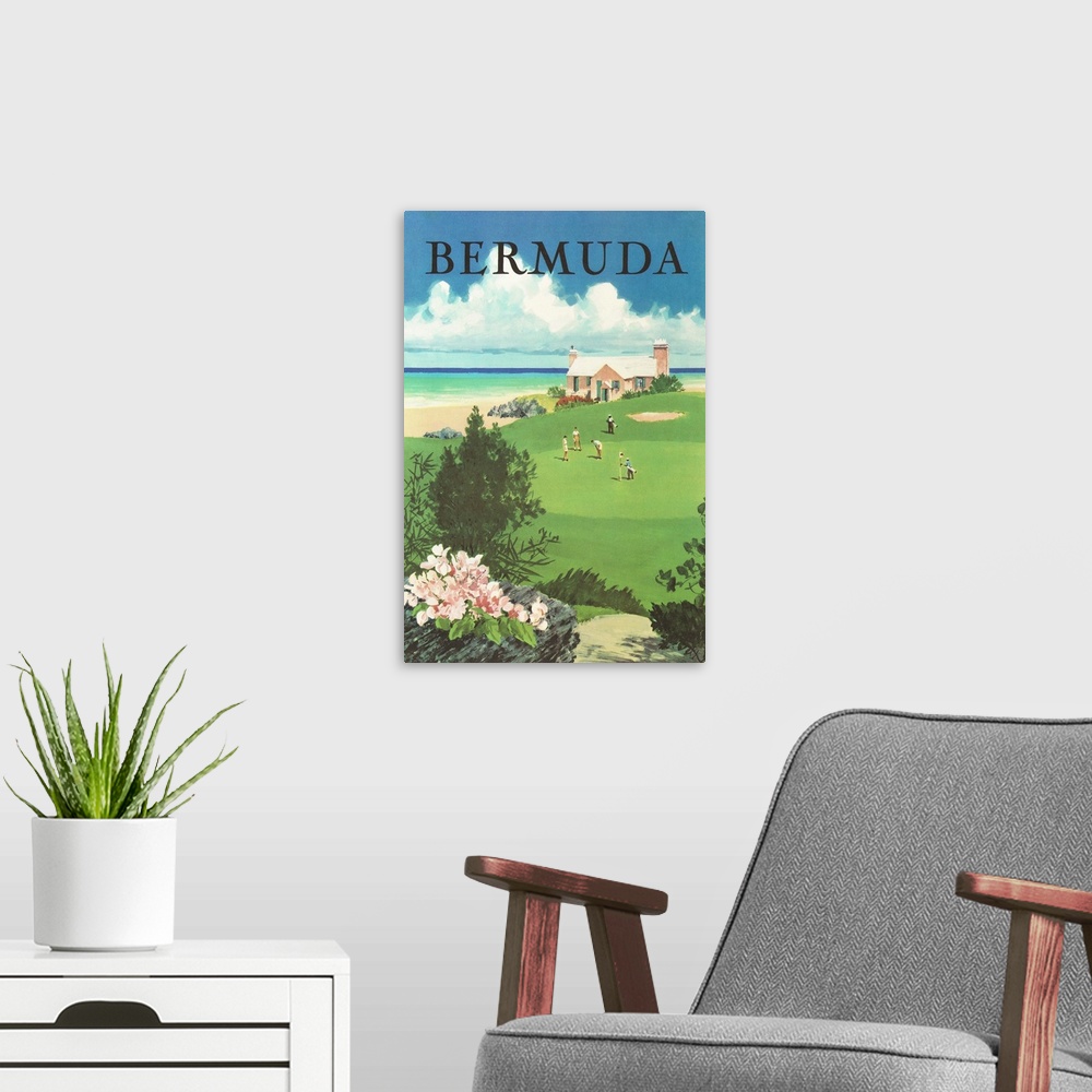 A modern room featuring Bermuda Travel Poster
