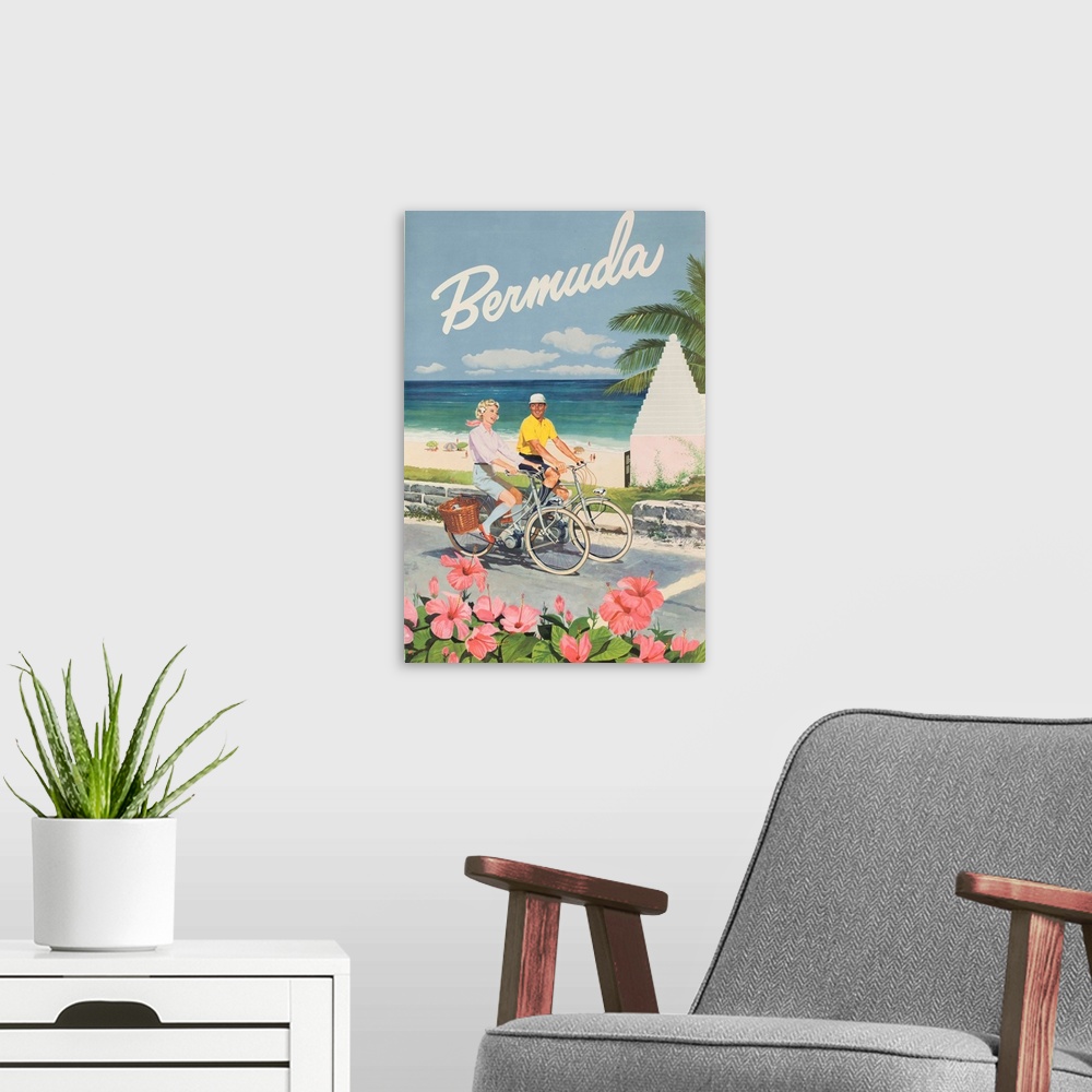 A modern room featuring ca 1960s Bermuda Travel Poster showing a happy couple riding bicycles on a beachside path.