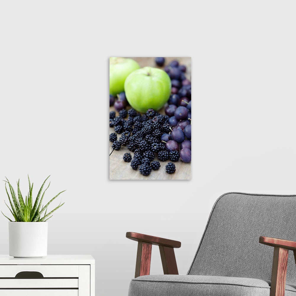 A modern room featuring Blackberries, damsons and apples