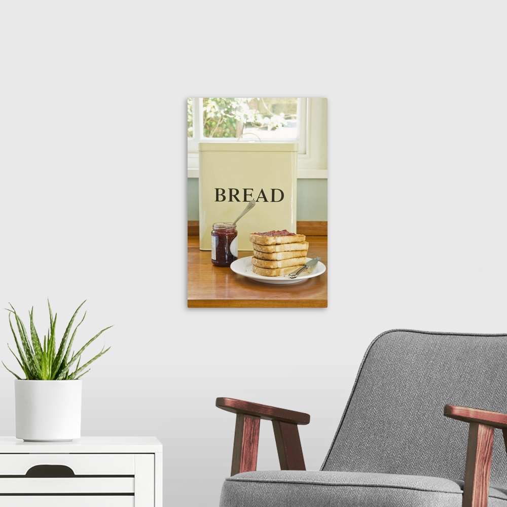 A modern room featuring Bread with jam