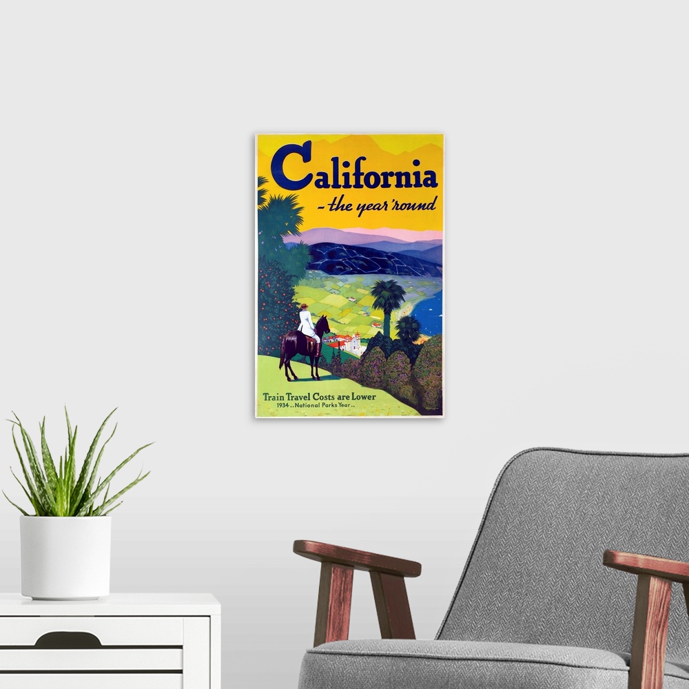 A modern room featuring 1934 National Parks Year, Rail Train travel poster.