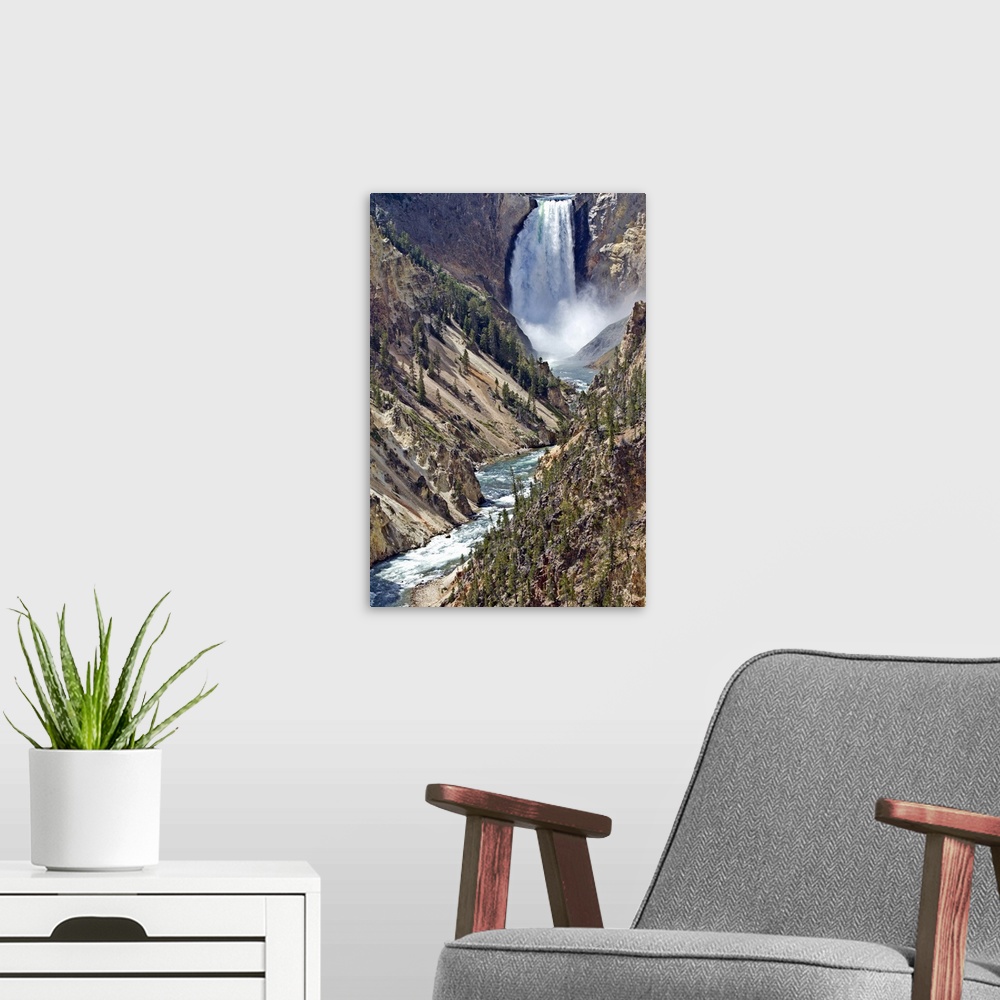 A modern room featuring Classic view of the lower falls of the Yellowstone river.