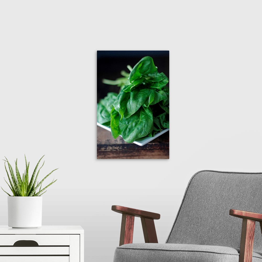 A modern room featuring Closeup of spinach on rustic table.