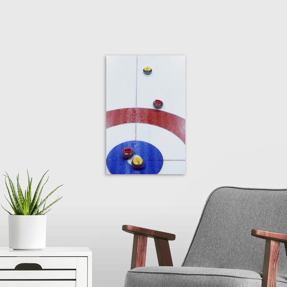 A modern room featuring Curling Stones