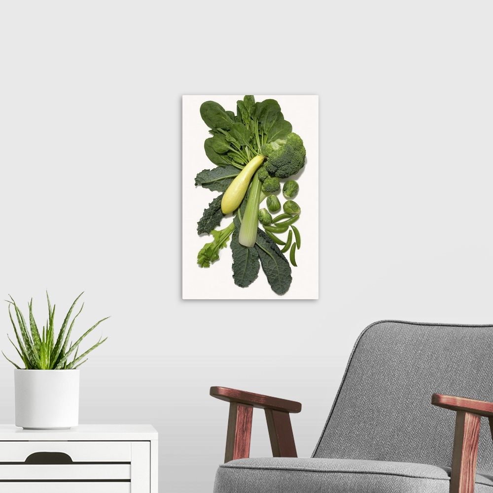 A modern room featuring Different green vegetables on white background