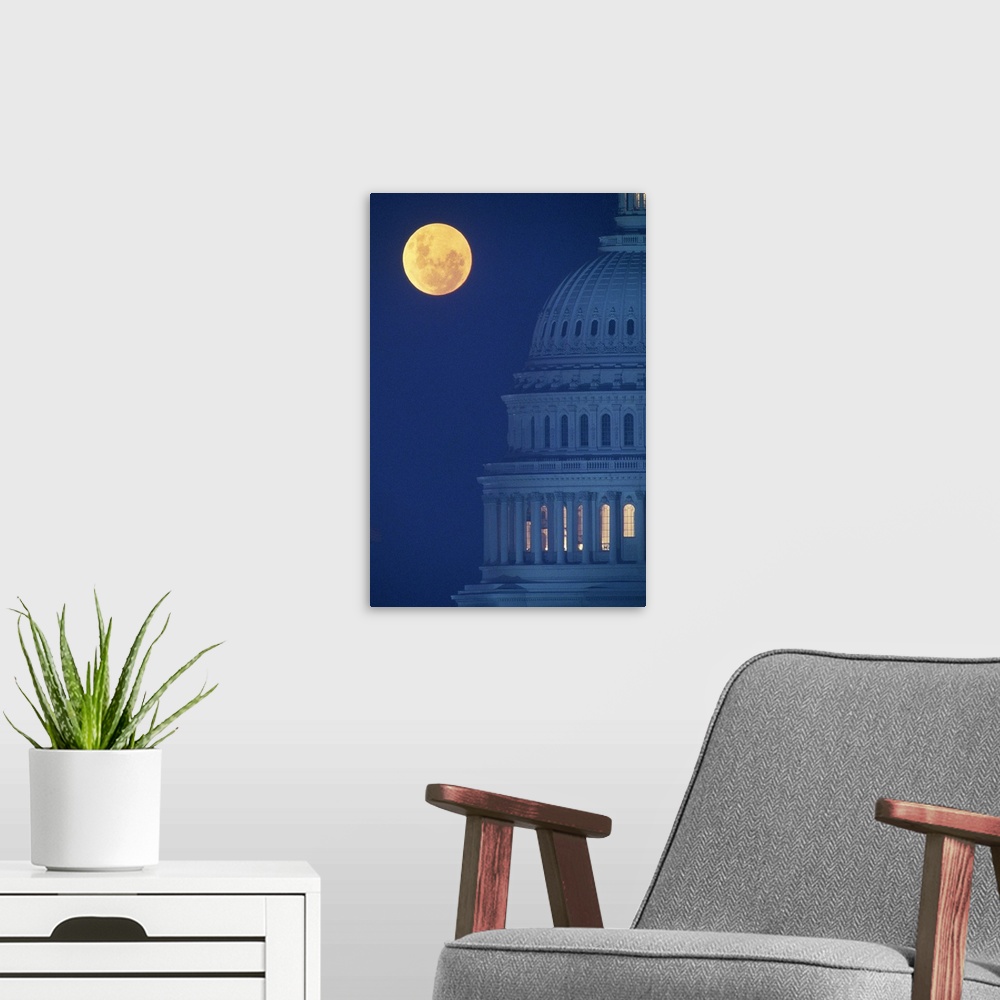 A modern room featuring Dome of Capitol Building with full moon