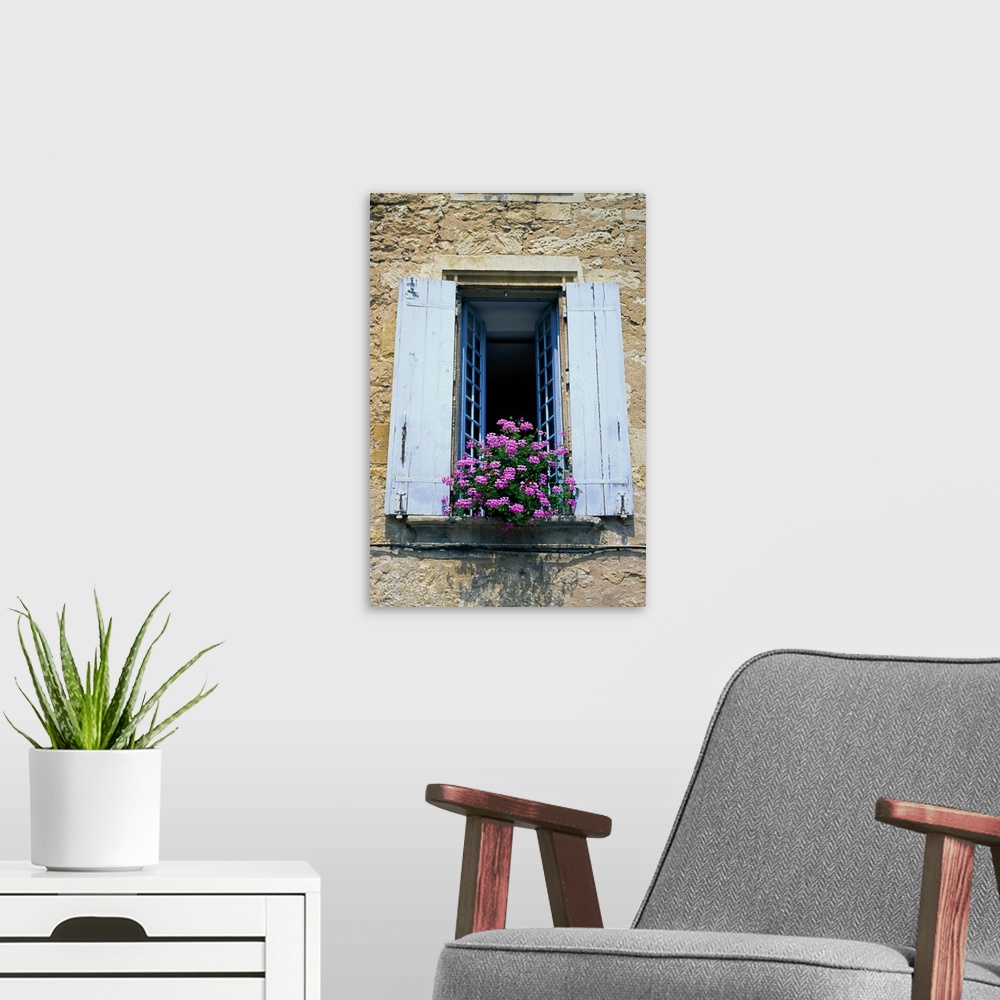 A modern room featuring Flowers in window, St. Emilion, France