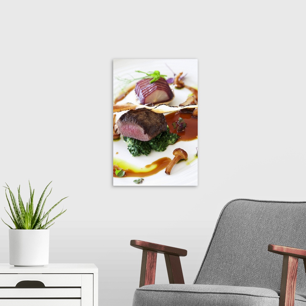 A modern room featuring Food are garnish with vegetable and gravy