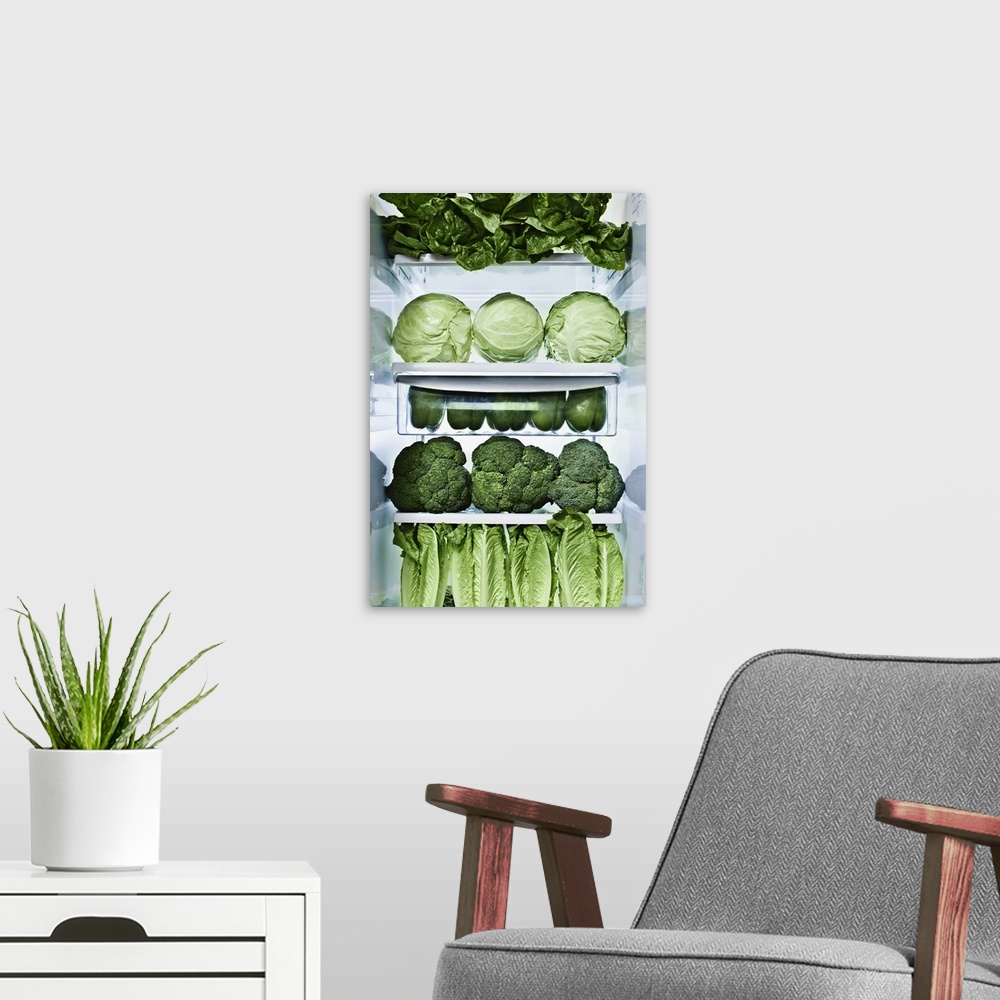 A modern room featuring Green vegetables in refrigerator