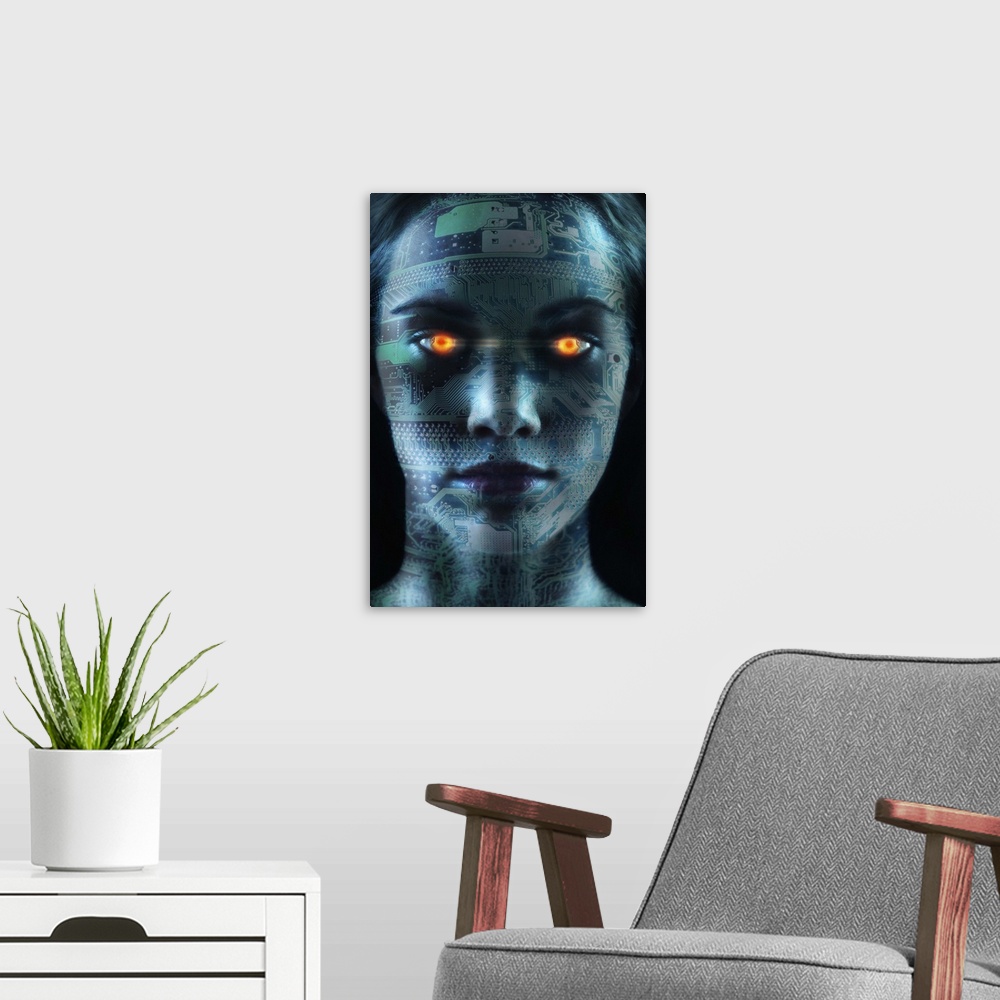 A modern room featuring Headshot of robotic woman