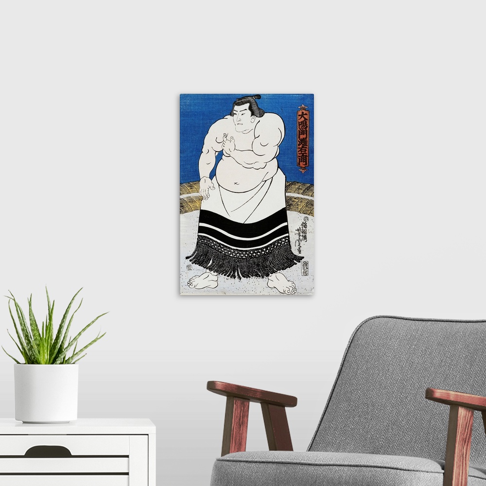 A modern room featuring Japanese Print Of A Sumo Wrestler Probably By Kunisada