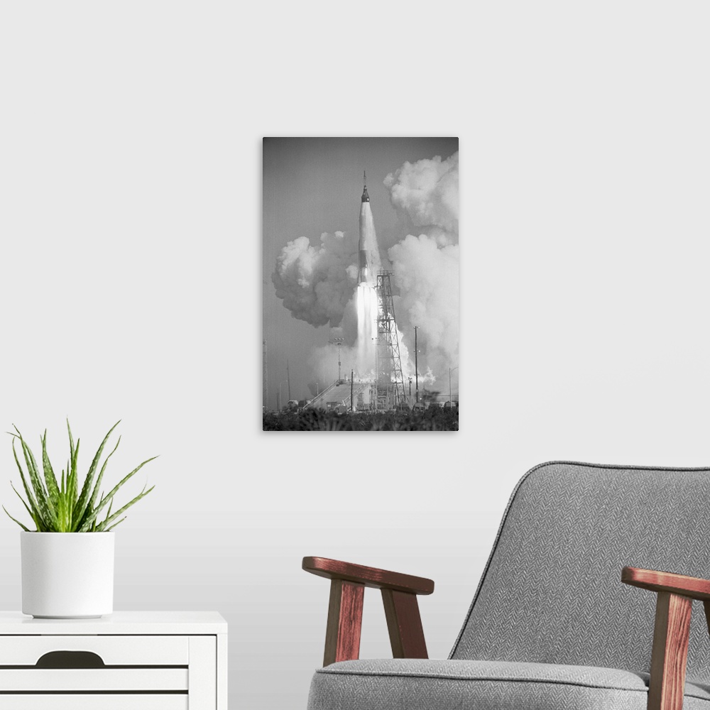 A modern room featuring 11/29/1961-MERCURY ATLAS-5- Cape Canaveral, FL: Two orbits with chimp Enos.