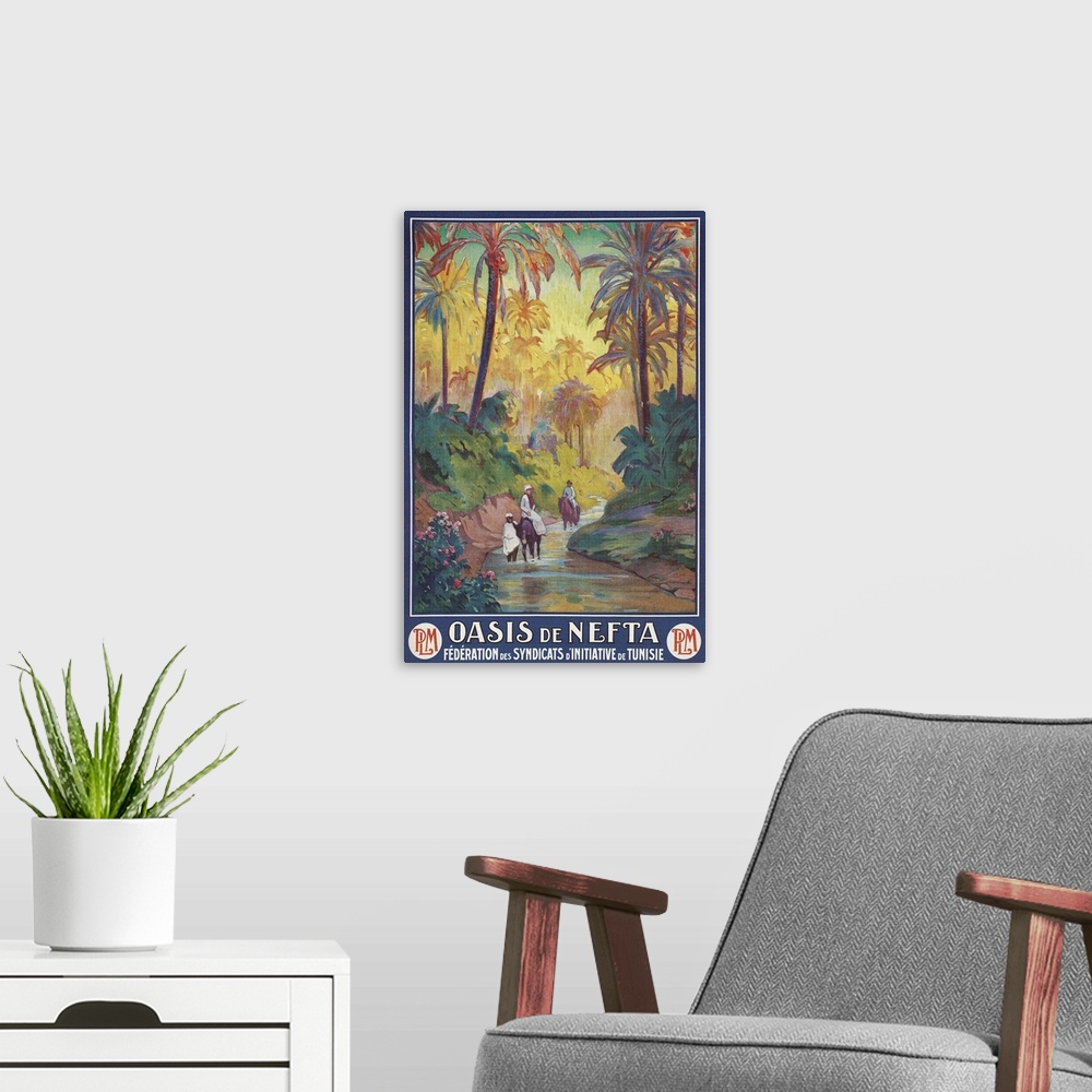 A modern room featuring Nefta Oasis, Tunisia, Travel Poster