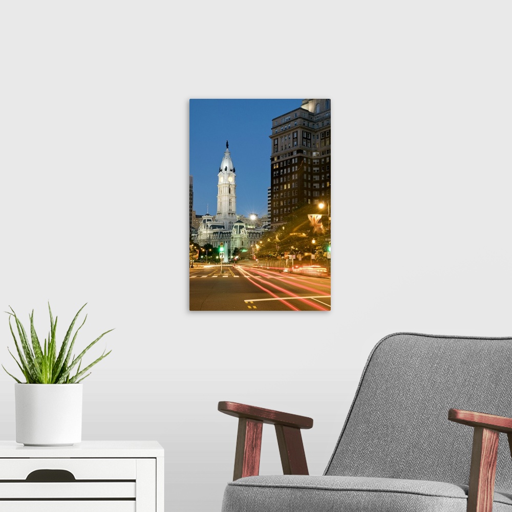 A modern room featuring Night view of Benjamin Franklin parkway and Philadelphia City Hall - the seat of Philadelphia's g...