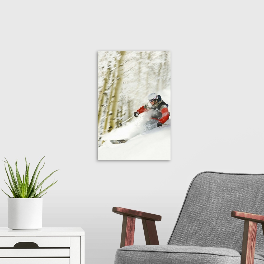 A modern room featuring Person downhill skiing
