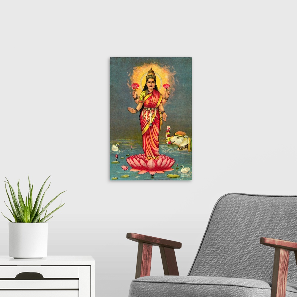 A modern room featuring Illustration of Lakshmi (also known as Sri), Hindu goddess of good fortune and wealth.
