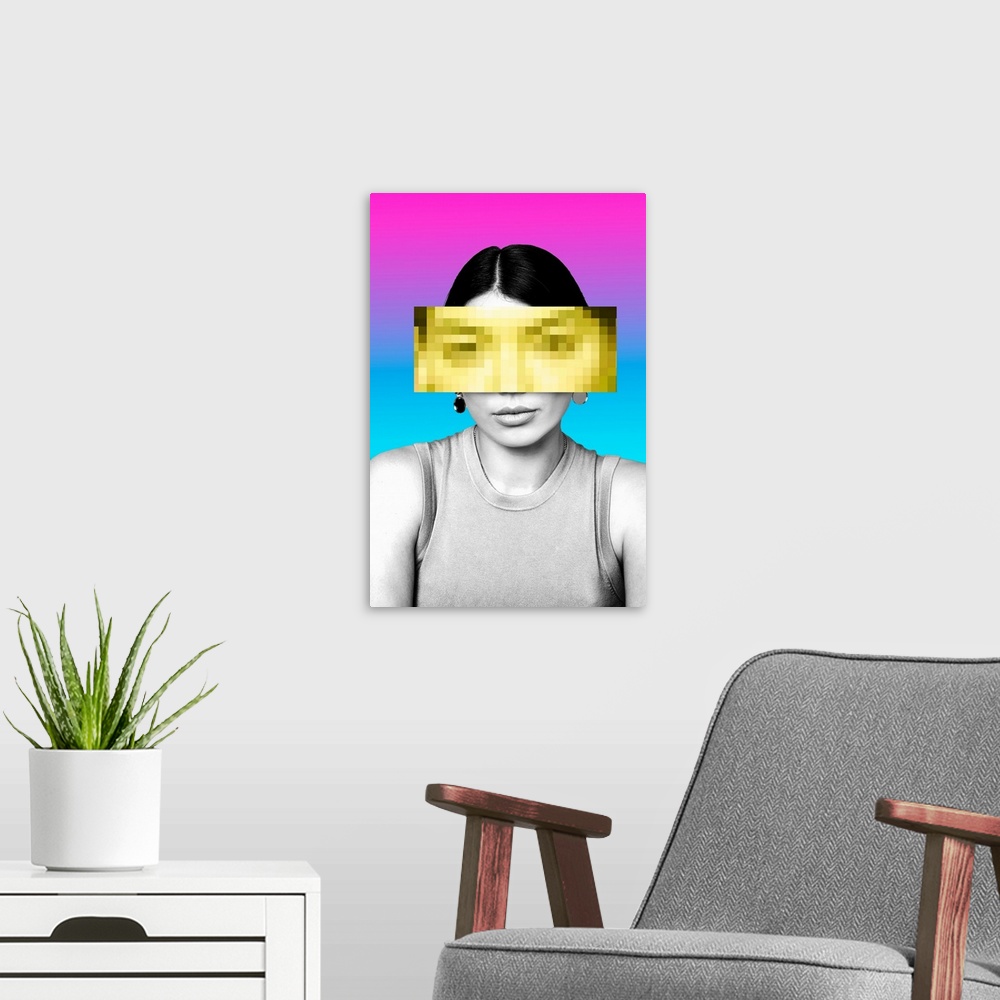 A modern room featuring Collage image of woman exploring the concept of digital identity