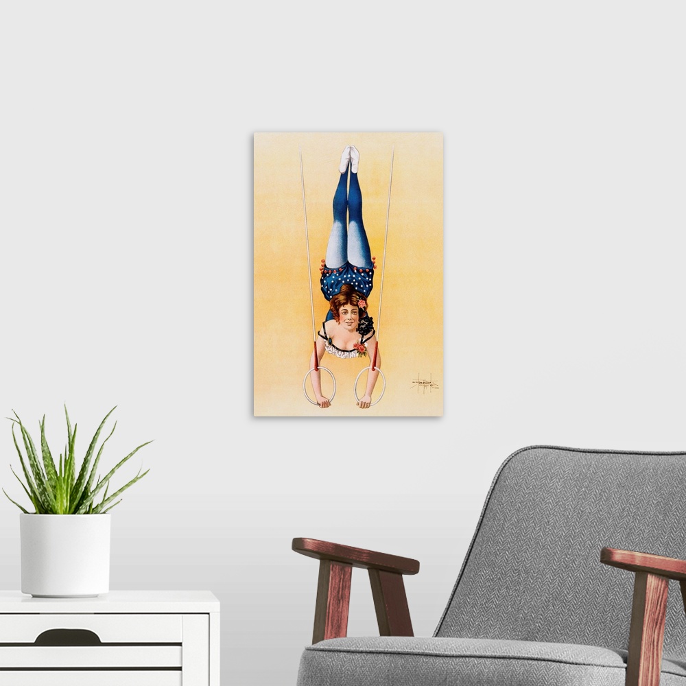 A modern room featuring Poster Depicting A Female Acrobat Using Rings