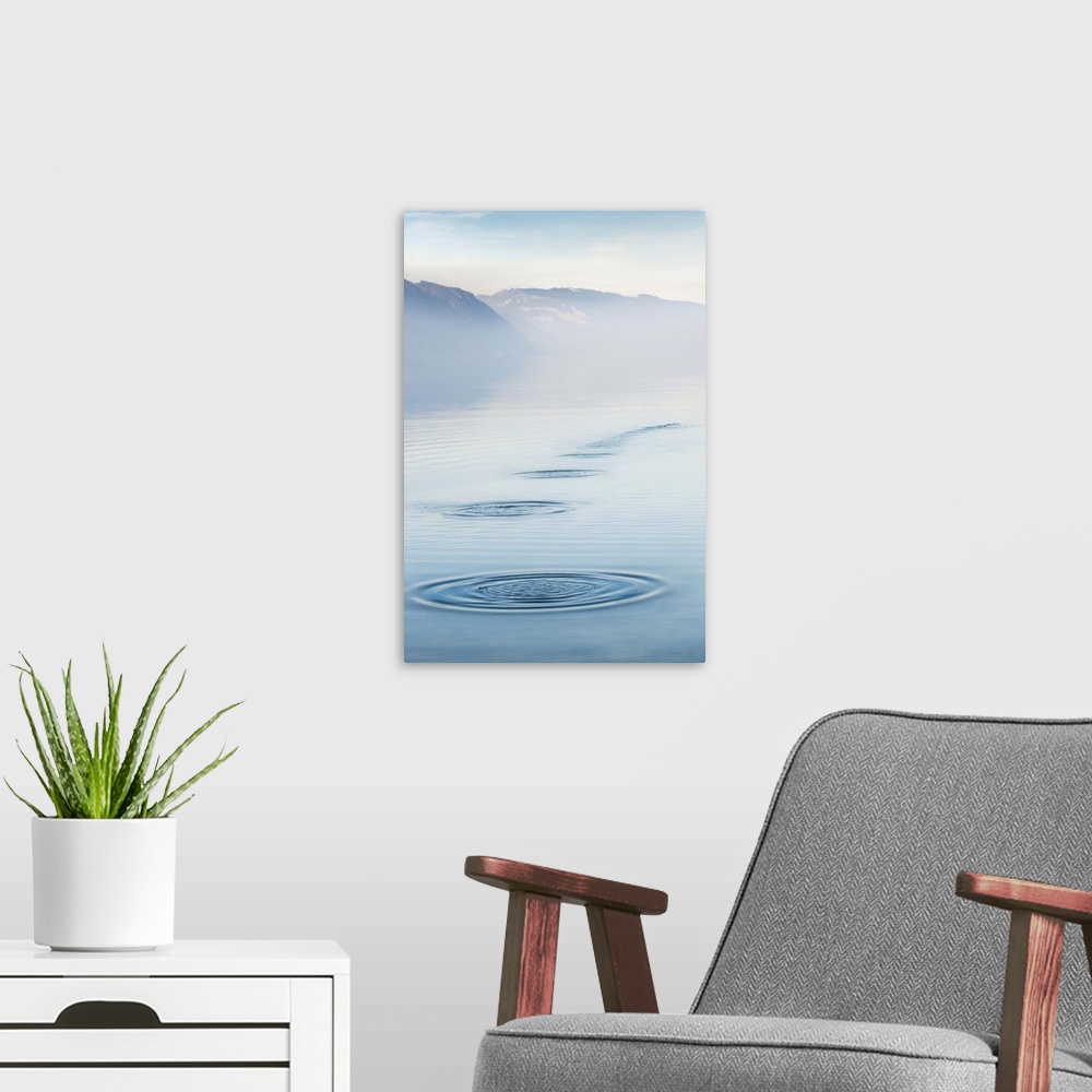 A modern room featuring Ricochet on lake surrounded by mountains and water ripples on sea.