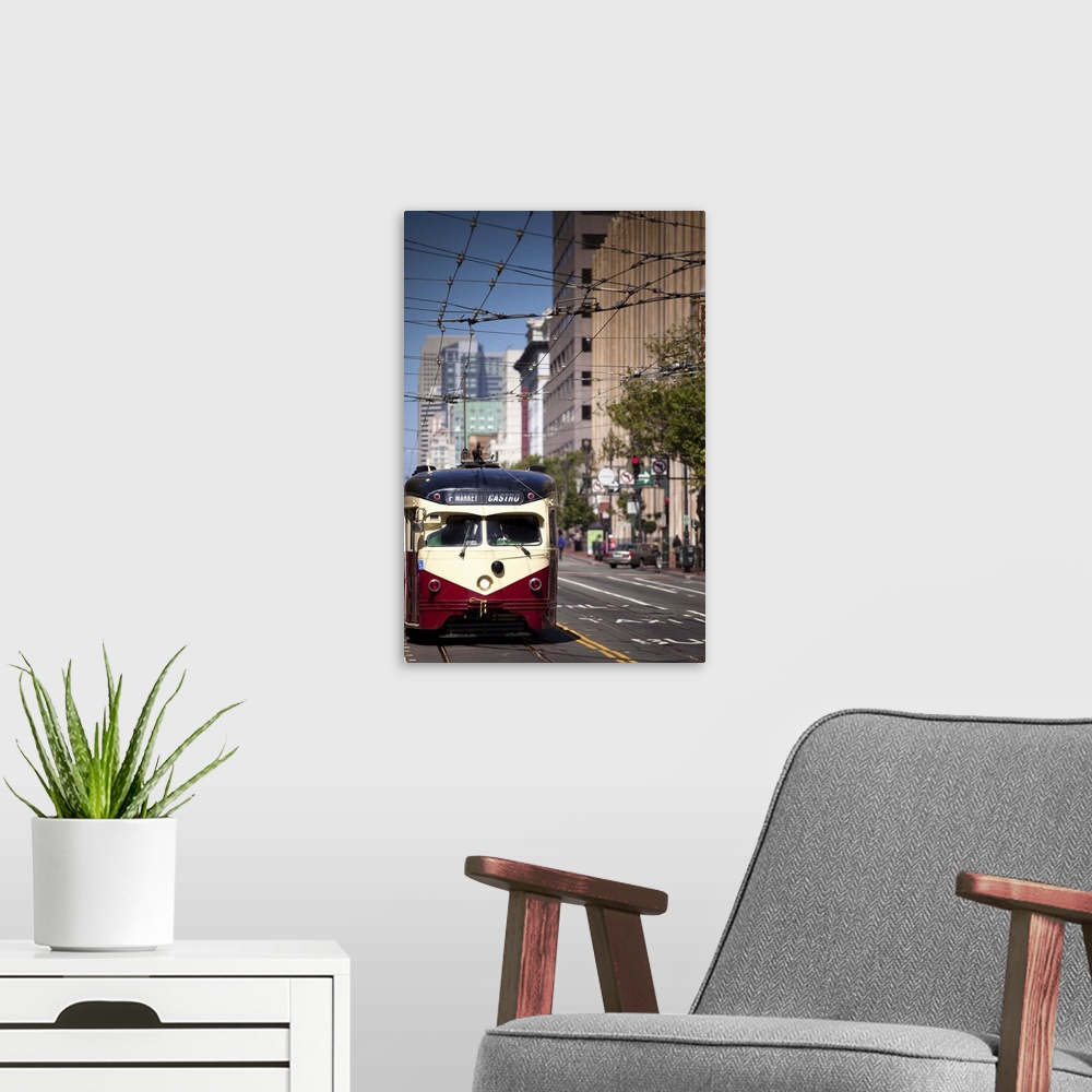 A modern room featuring An F-line historic streetcar rumbles down Market Street heading West towards the Castro district ...