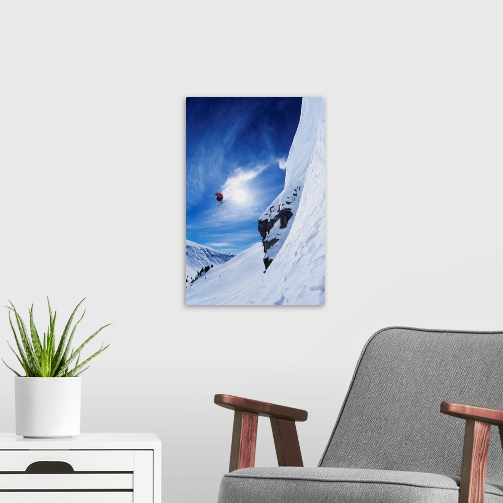 A modern room featuring Ski Jumper Going Over Cliff