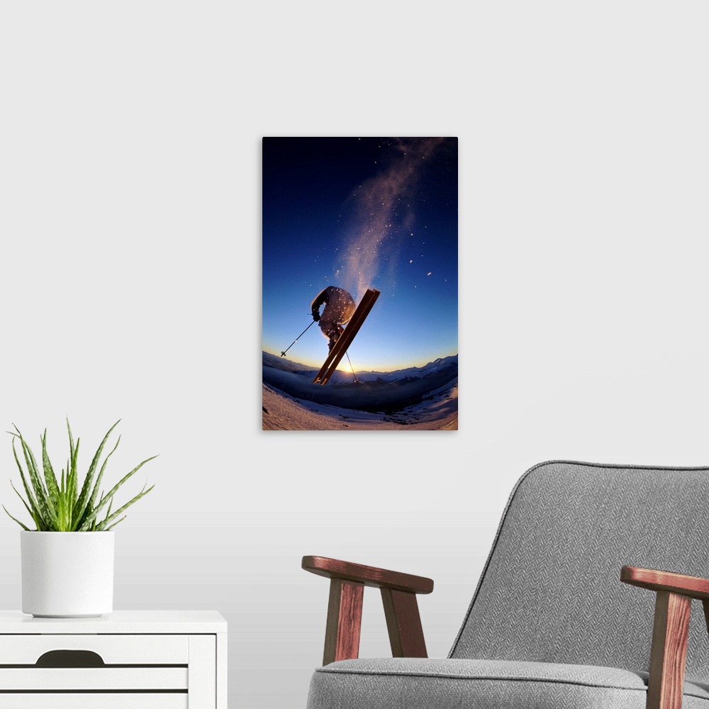 A modern room featuring Skier in mid air, sunset