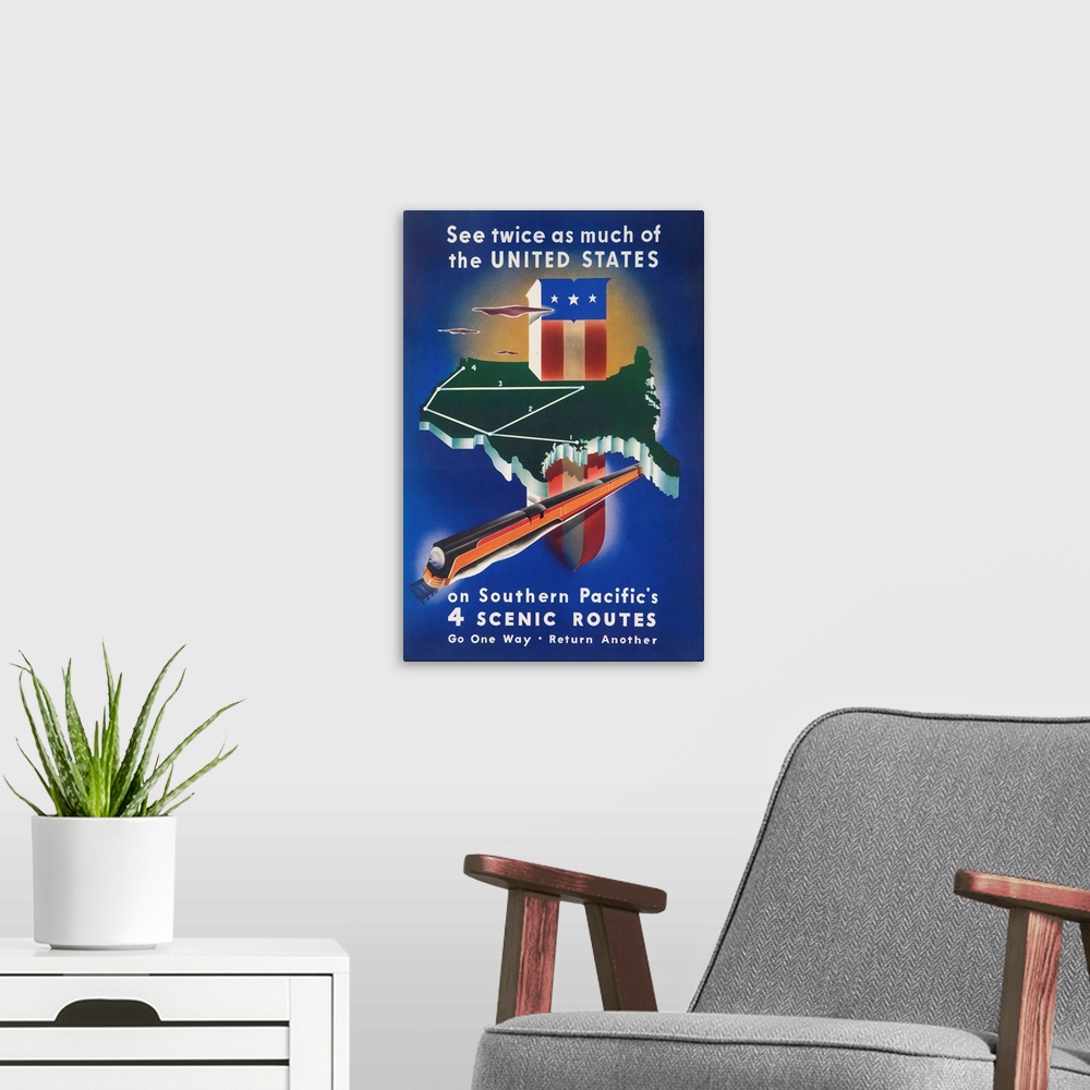 A modern room featuring Streamlines art deco train roars through a map of the United States Ca 1930s rail travel Poster