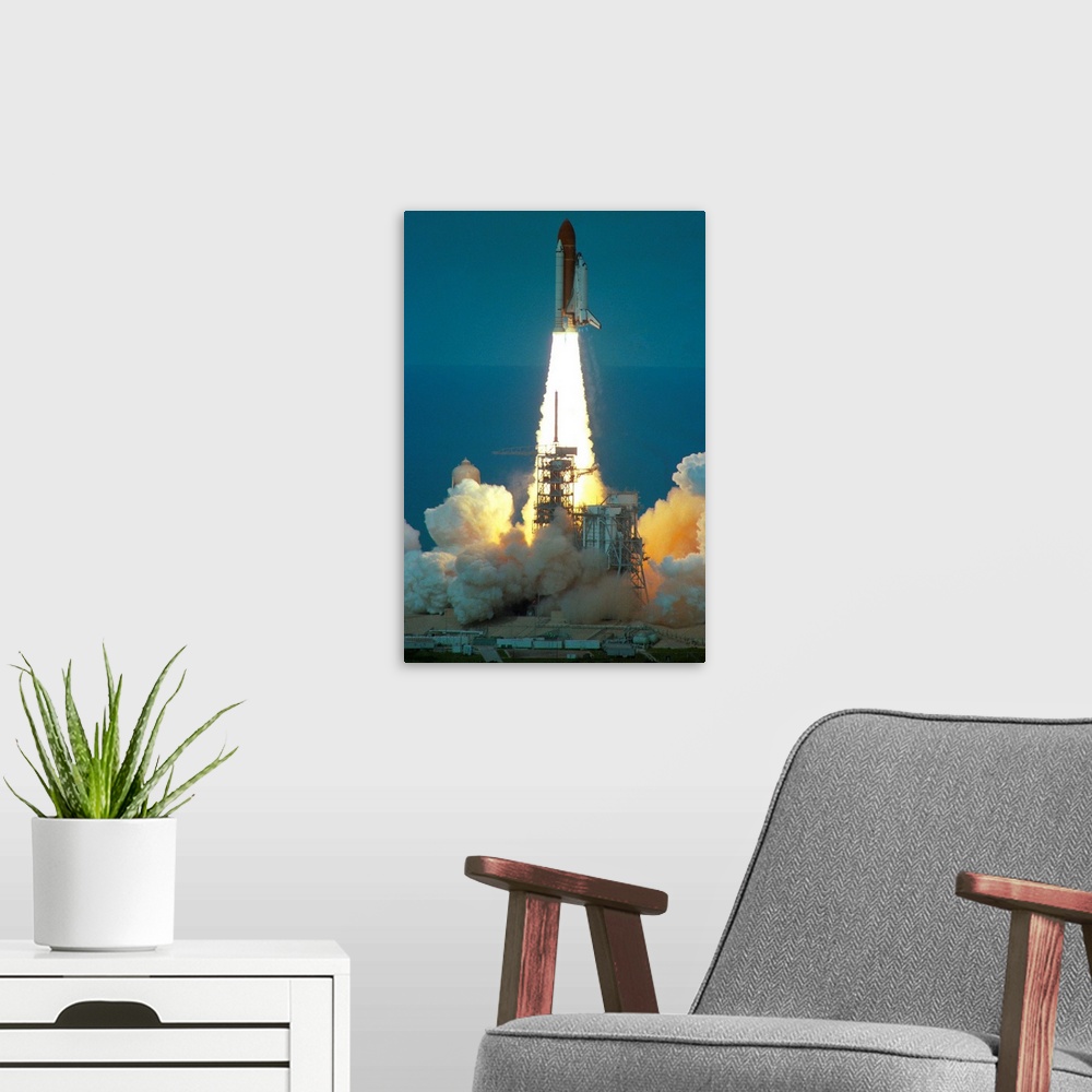 A modern room featuring Space Shuttle Challenger Lifting Off