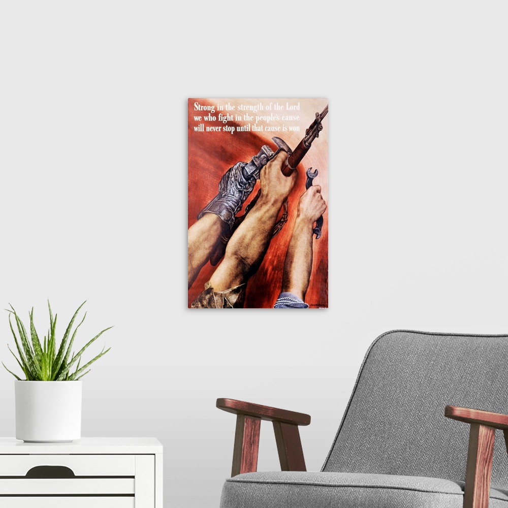 A modern room featuring This poster combined various segments of the American society- a woman, a soldier and a factory w...